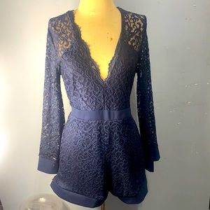 Navy long sleeve lace romper shorts